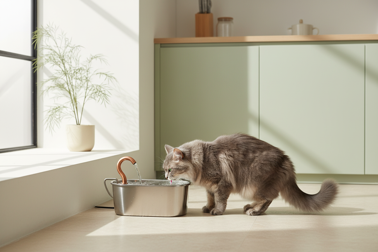 Chat gris utilisant la fontaine cuivre dans une cuisine vert sauge lumineuse